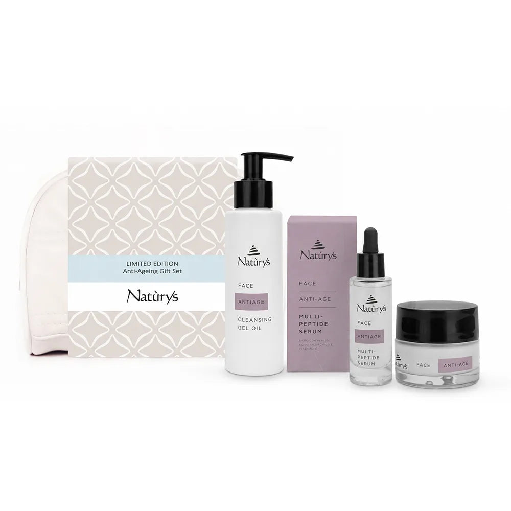 Naturys Limited Edition Anti-Aging Gift Set featuring a cleansing gel oil bottle, a peptide serum dropper bottle, a peptide cream jar, and a patterned gift box on a white background.