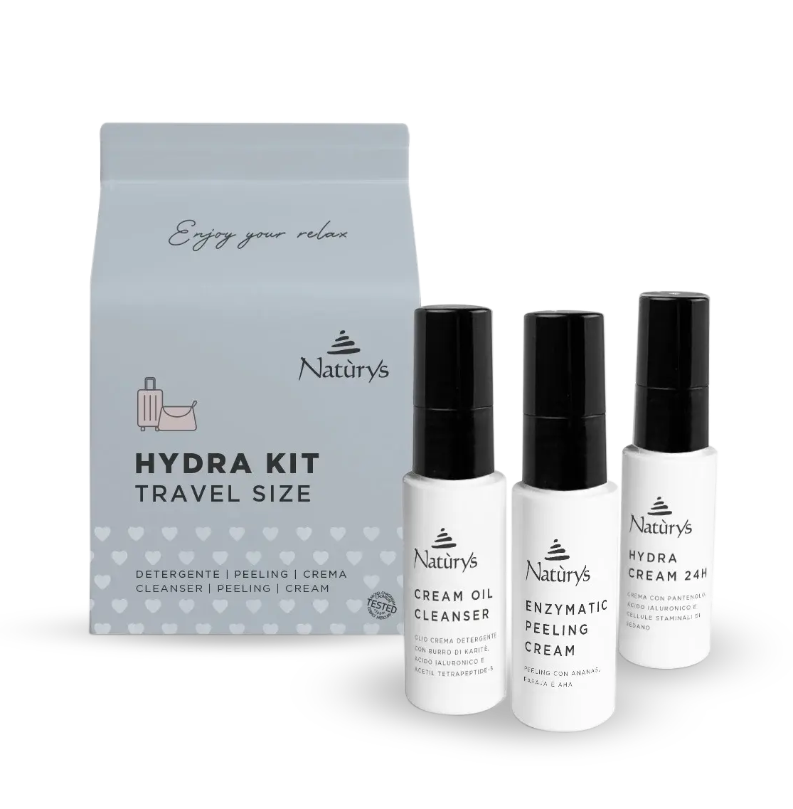 Natury's Hydra Kit travel size with four bottles and a packaging box on a white background