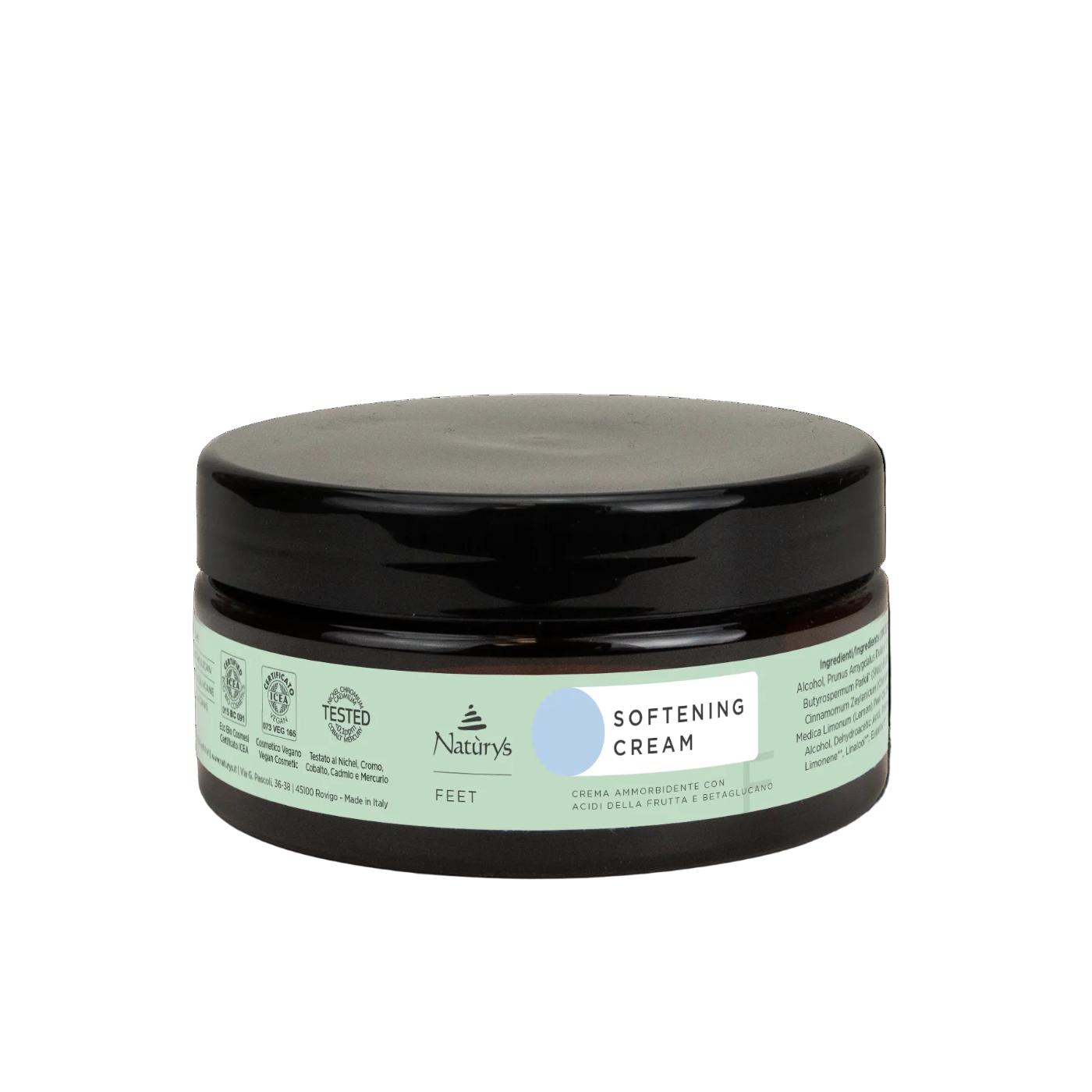 Jar of softening cream with a black lid on a white background