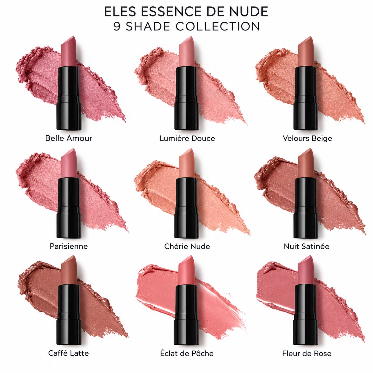 ELES Essence de Nude nine-shade lipstick comparison showing black tubes, colour swatches and the names of all nine shades.