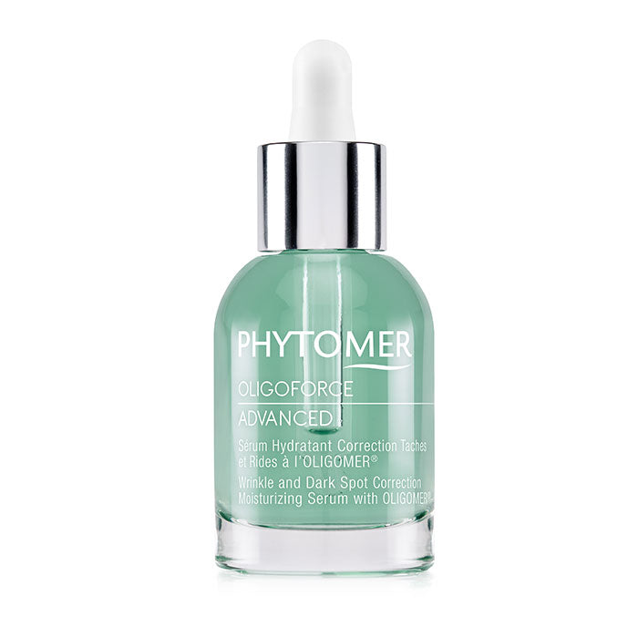 A clear glass bottle with a dropper dispenser, containing green-colored moisturizing serum. The label reads 'PHYTOMER Oligoforce Advanced'.