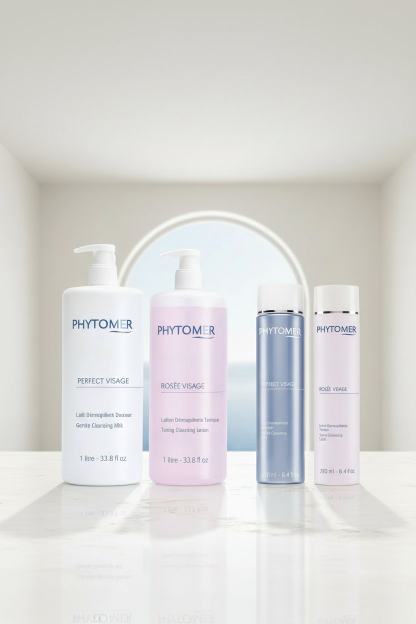 Four Phytomer skincare products on a white surface with a blurred background