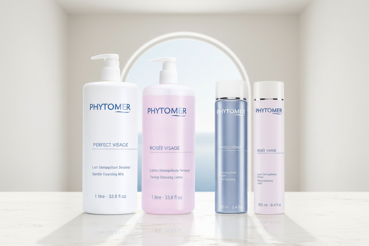 Four Phytomer skincare products on a white surface with a neutral background