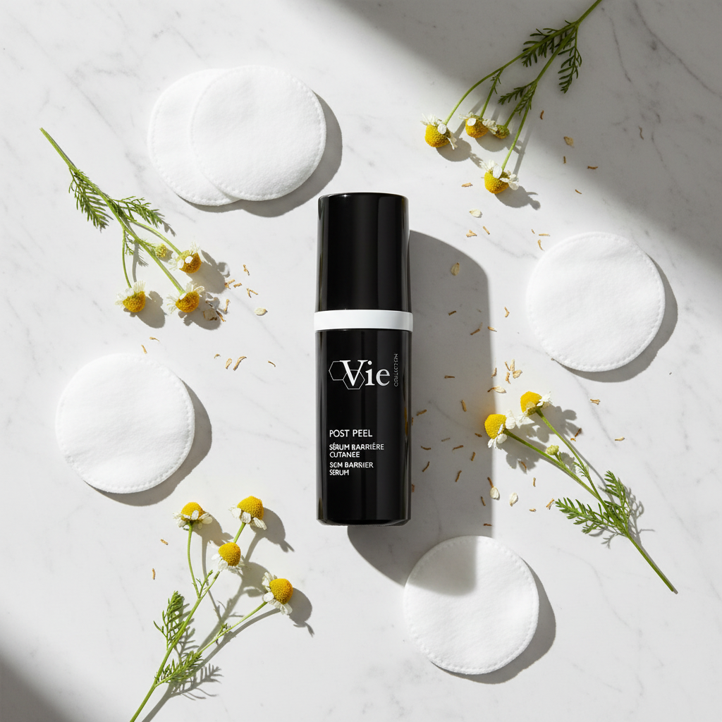 Vie skincare bottle on a light surface with flowers and cotton pads
