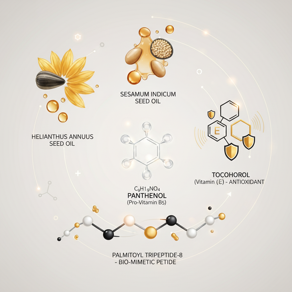 Illustration of sesame seed oil, sunflower seed oil, panthenol, tocopherol, and palmitoyl tripeptide-8 on a light gray background.