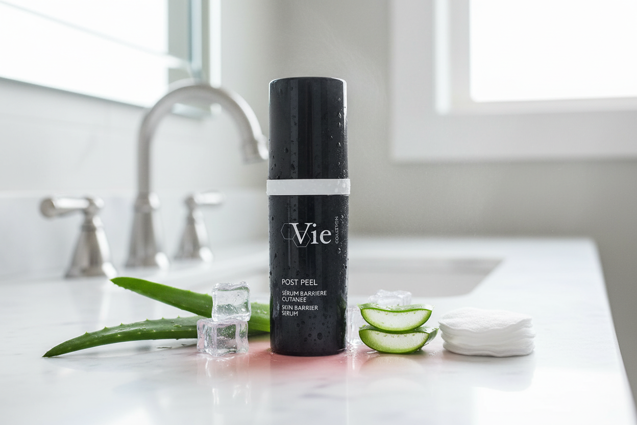 Vie skincare product on a bathroom counter with aloe vera leaves and ice cubes.