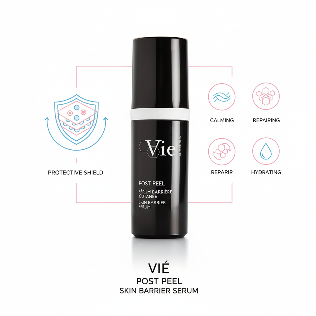VIé post peel skin barrier serum bottle with icons and text on a white background