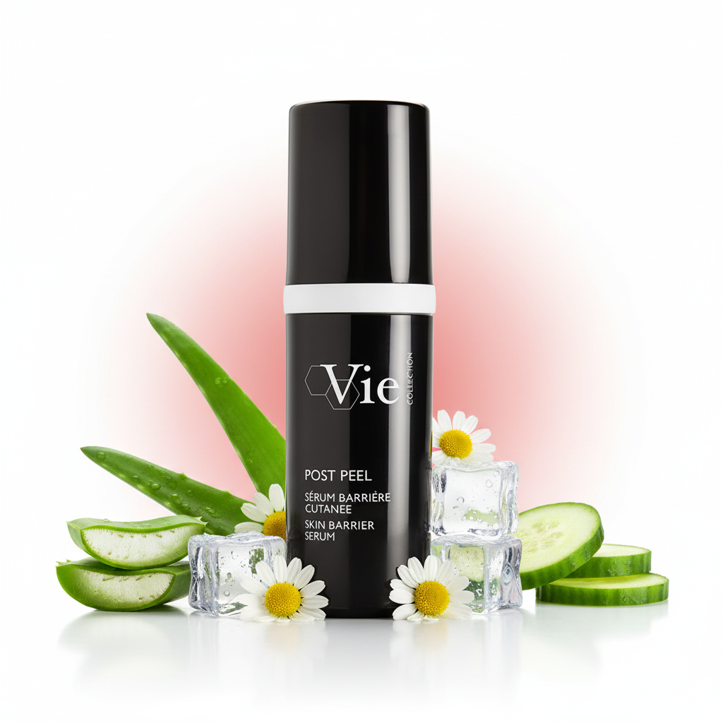 Vie skincare serum bottle with aloe vera, cucumbers, and flowers on a white background