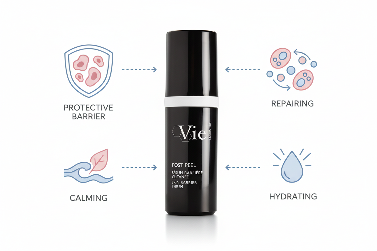 Vie skincare serum bottle with icons and text on a white background
