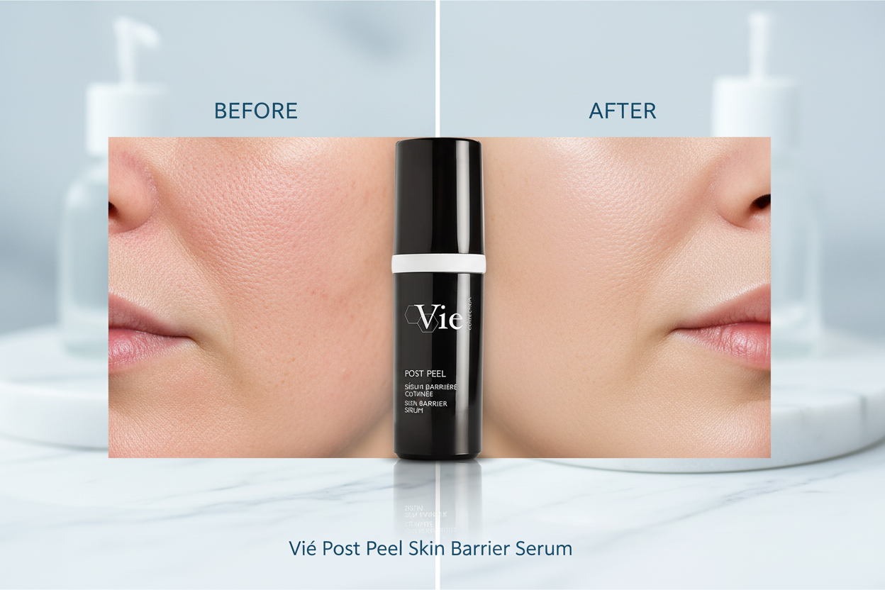 Before and after comparison of skin with a bottle of Vié Post Peel Skin Barrier Serum.