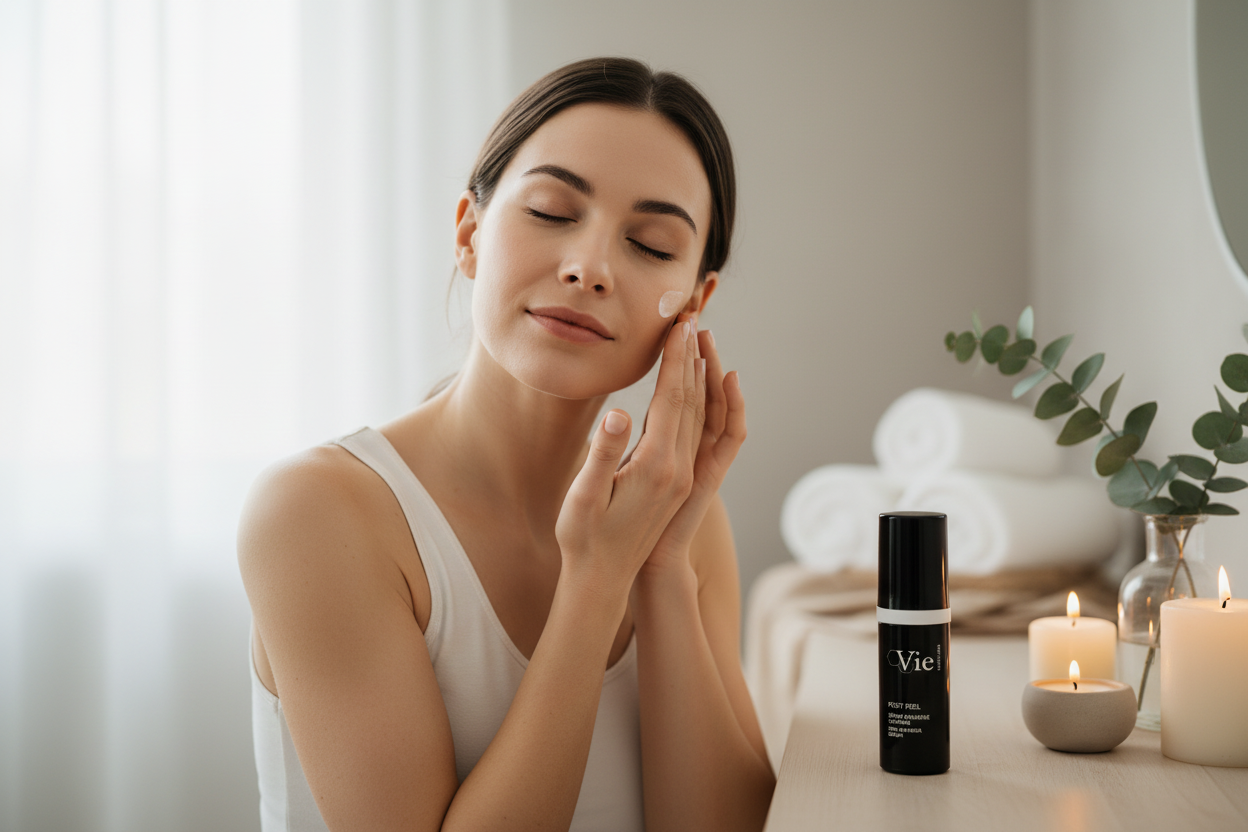 Woman applying skincare product with 'Vie' bottle on a table with candles and plants.