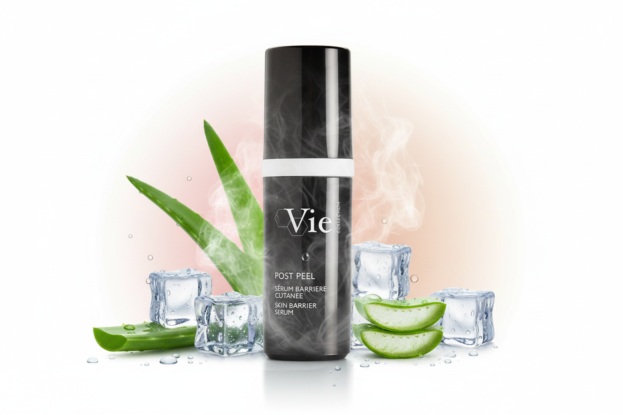 Skincare bottle labeled 'Vie' with aloe vera leaves and ice cubes on a gradient background