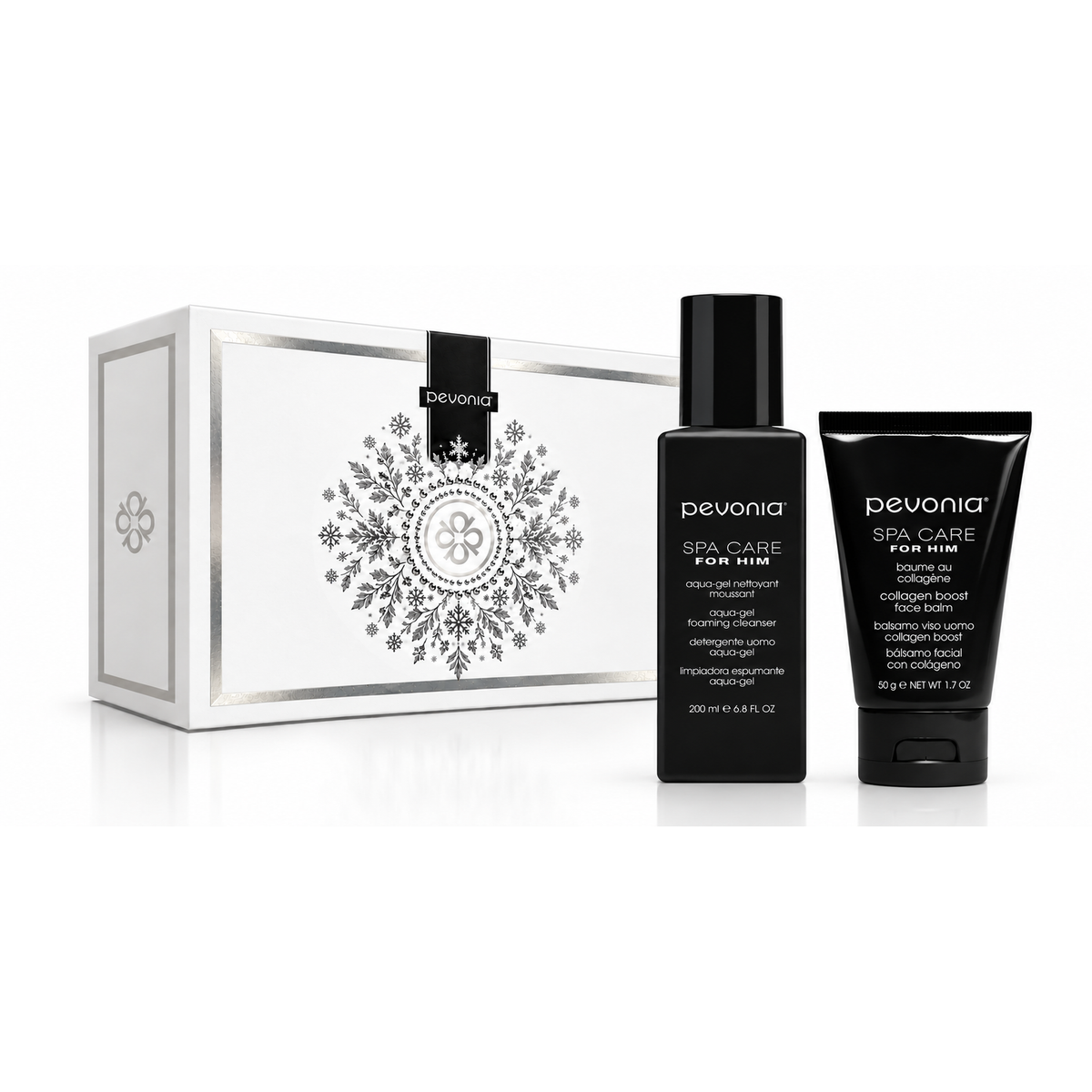 Pevonia Men's Christmas Gift Pack with small luxury gift box, Aqua Gel Foaming Cleanser 200ml and Collagen Boost Face Balm 50g