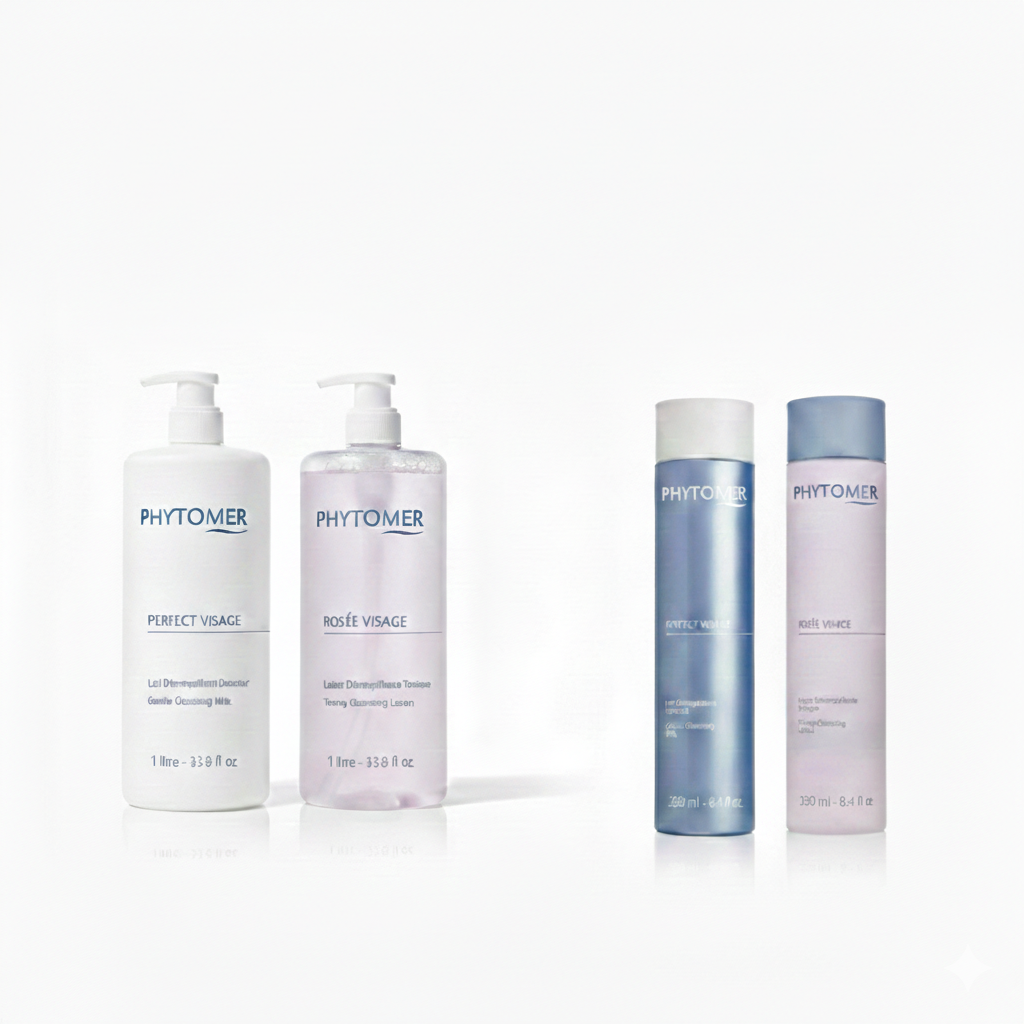 Phytomer facial cleansing and lotion duo bottles 250ml and Phytomer facial cleansing and lotion duo bottles 1L  on a white background