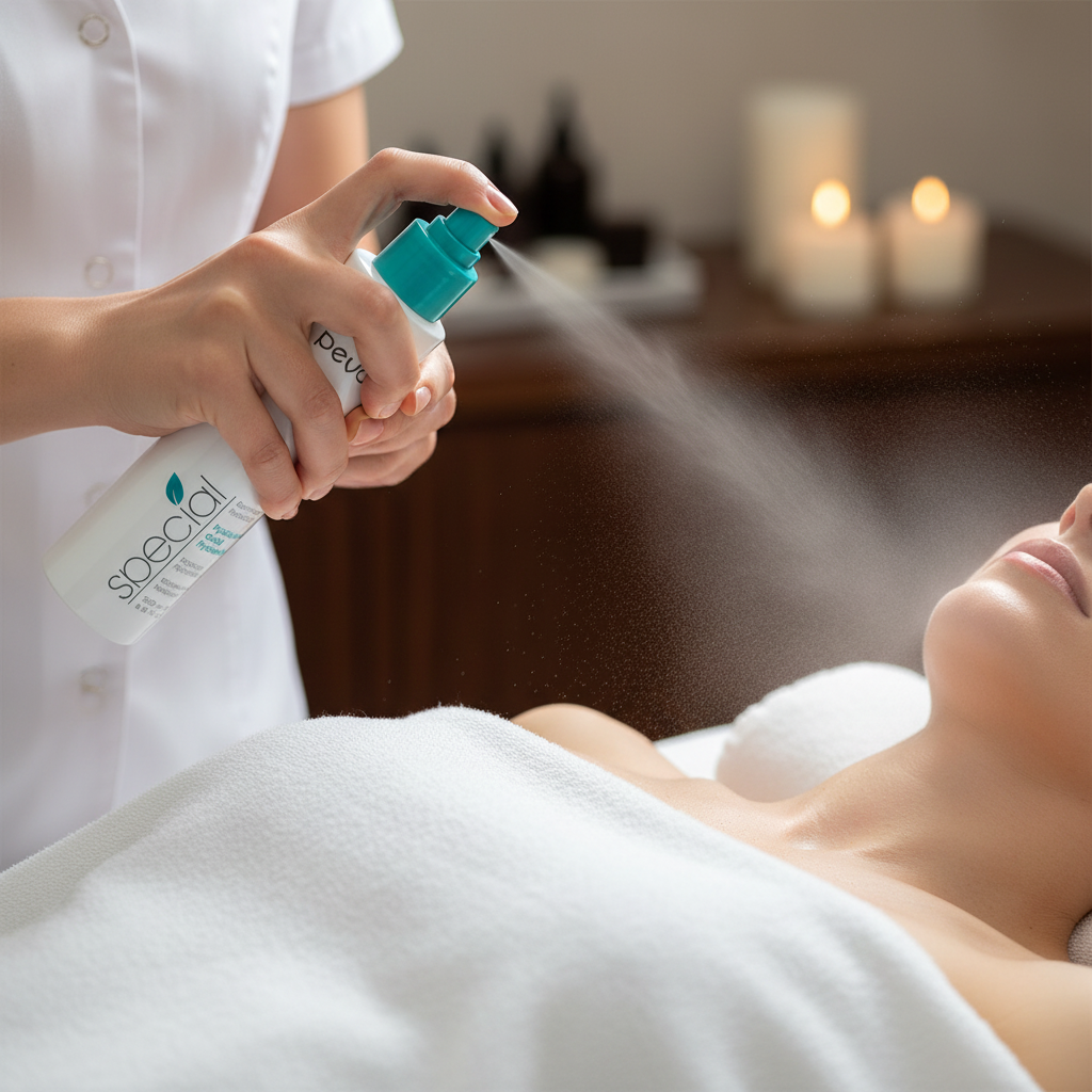 Pevonia Hyaluronic Acid HydraMist 200ml retail bottle. Person receiving a misting treatment with a branded spray bottle in a spa setting.