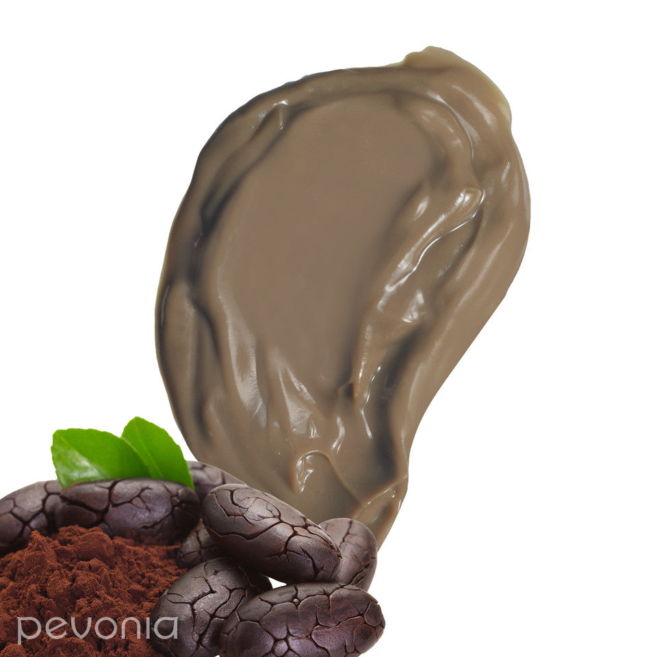 Pevonia Chocolate Indulgence Moisturizer 150g Brown body cream with cocoa beans and a leaf on a white background, indicating Texture and ingredients