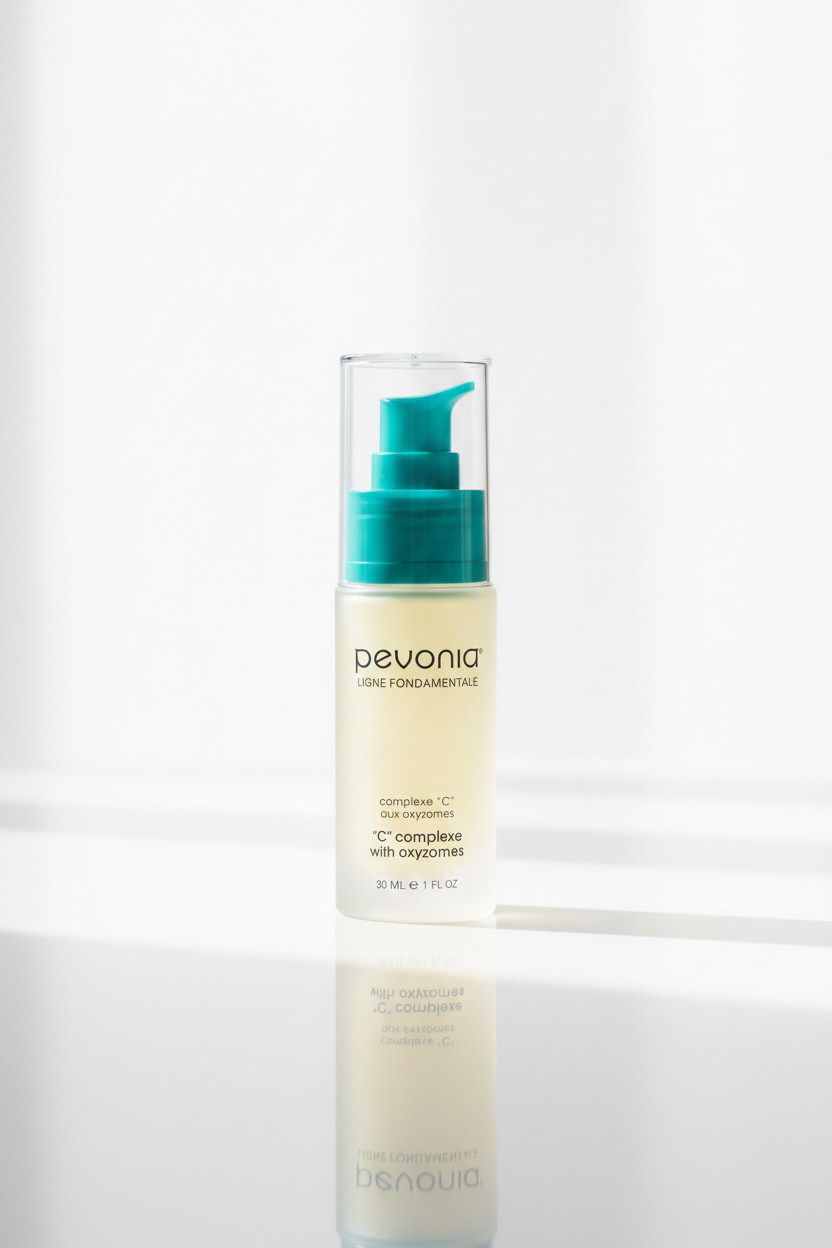 Pevonia skincare bottle with pump on a white background