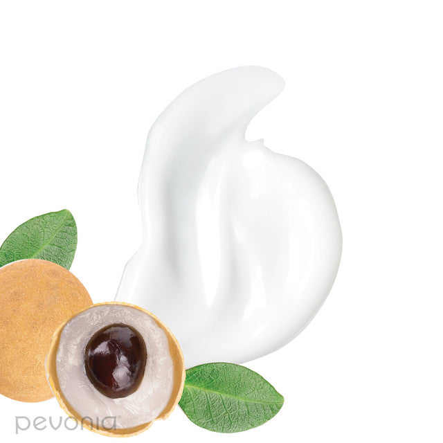 Pevonia Crepe-No-More White cream with a longan fruit and leaves on a white background, featuring the Pevonia brand.