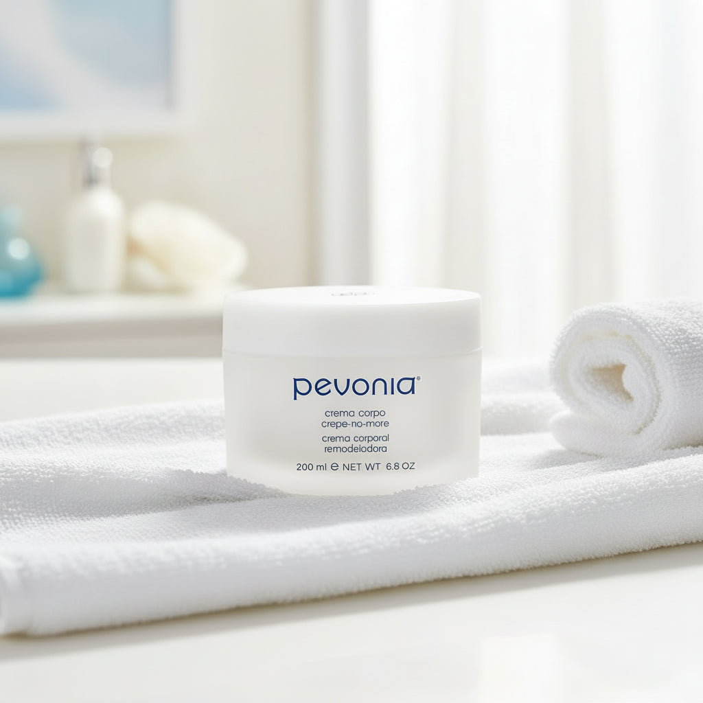 Pevonia crepe-no-more cream jar on white towels with a blurred background