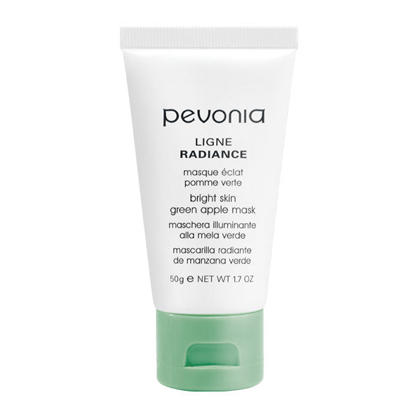 A tube of Pevonia Bright Skin Green Apple Mask retail size 50g with white and green packaging.