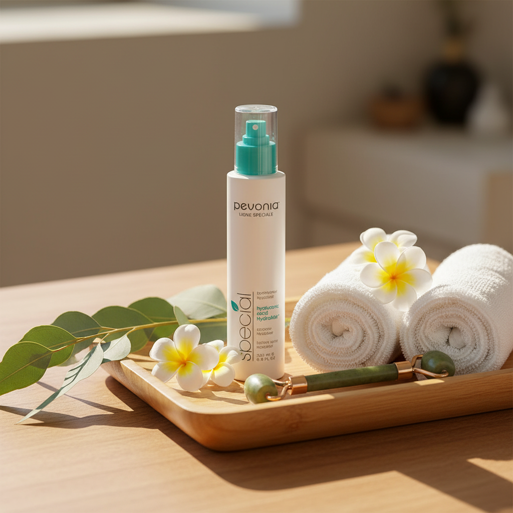 Pevonia Hyaluronic Acid HydraMist 200ml retail bottle. displayed in a spa setting.