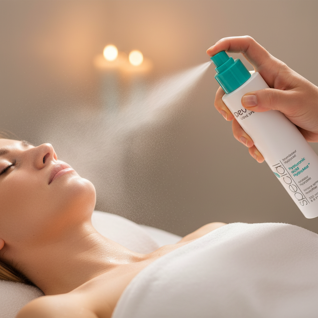 Pevonia Hyaluronic Acid HydraMist 200ml retail bottle. Person applying a skincare product to their face with a blurred background