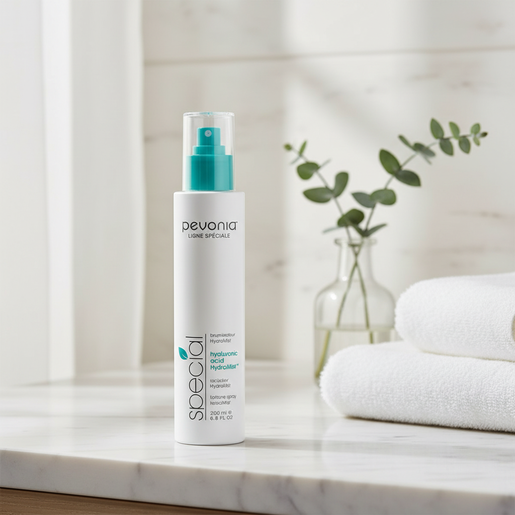 Pevonia Hyaluronic Acid HydraMist 200ml retail bottle. Pevonia bottle on a marble surface with towels and a plant in the background