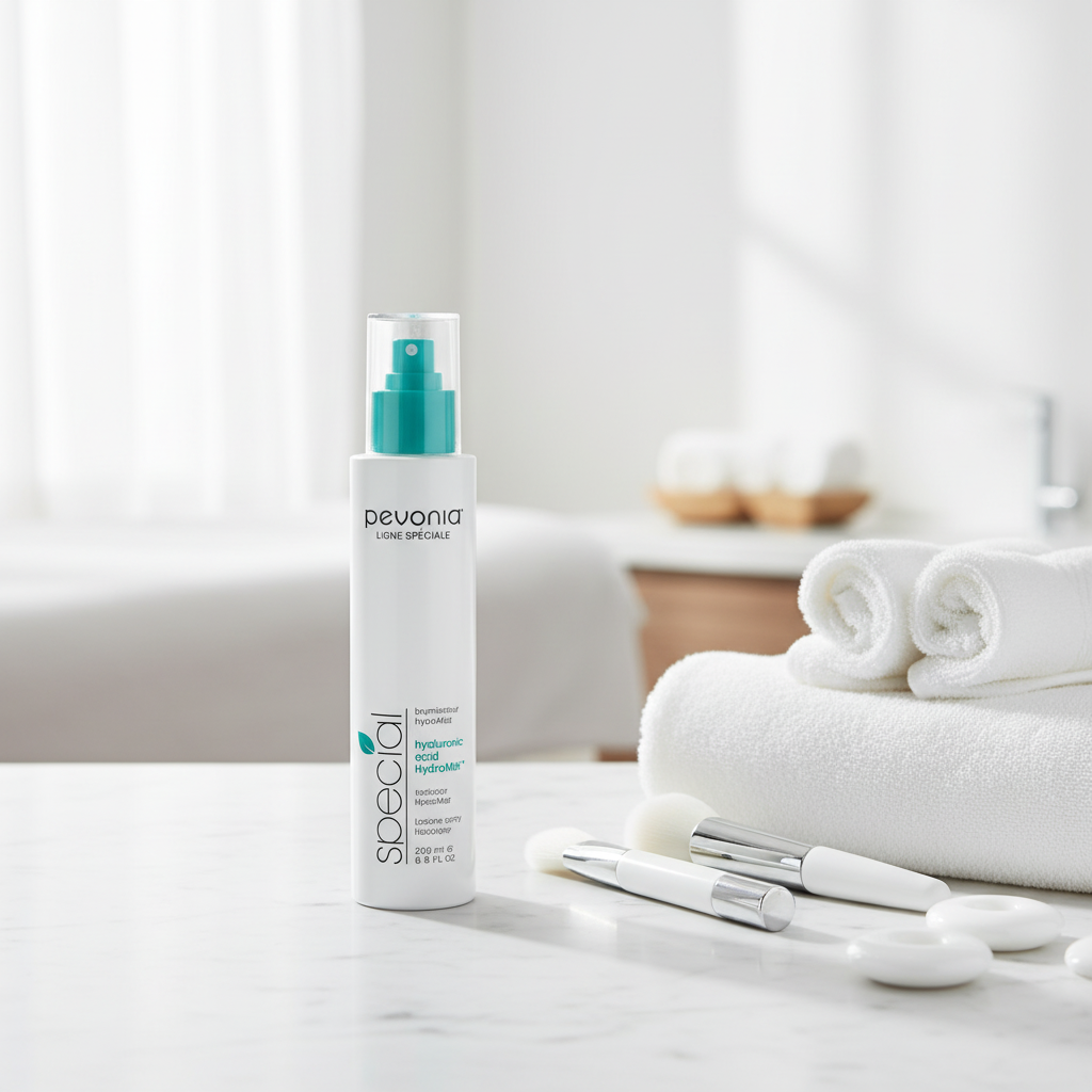 Pevonia Hyaluronic Acid HydraMist 200ml retail bottle. Pevonia bottle on a bathroom counter with towels and toiletries in the background