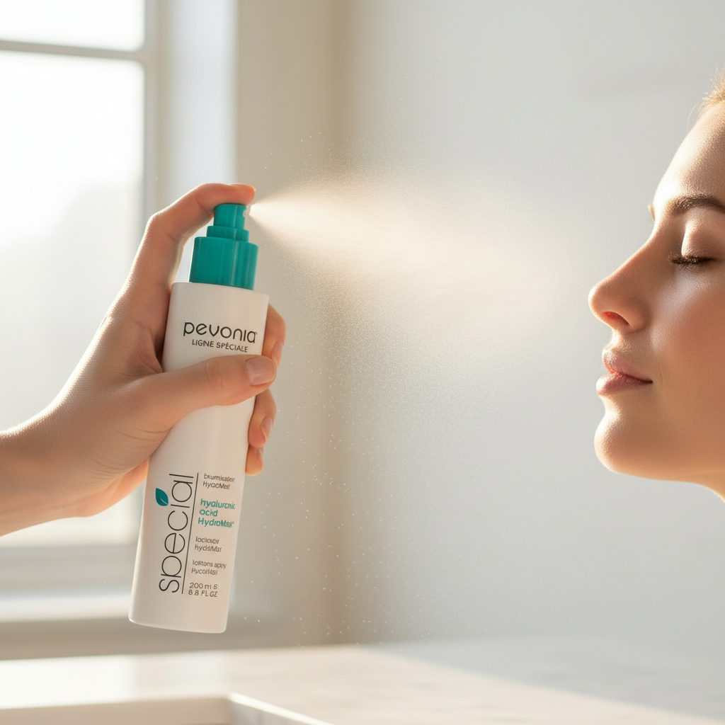 Pevonia Hyaluronic Acid HydraMist 200ml retail bottle. Person holding a Pevonia bottle and applying it to their face.