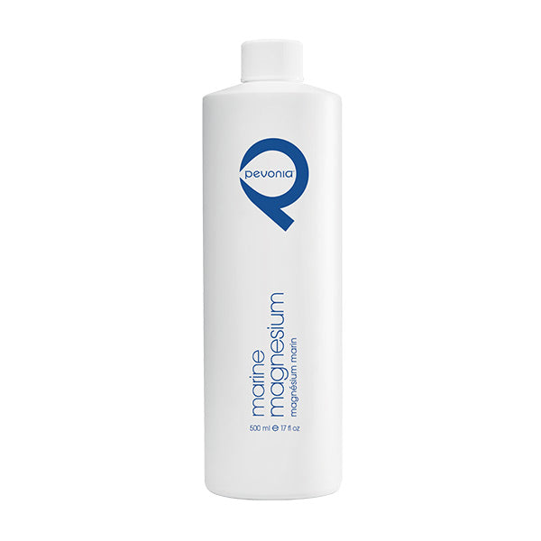 A bottle of Pevonia Marine Magnesium  500ml, recommended for all skin types, with benefits such as reducing muscular tension, improving relaxation, and hydrating the skin.