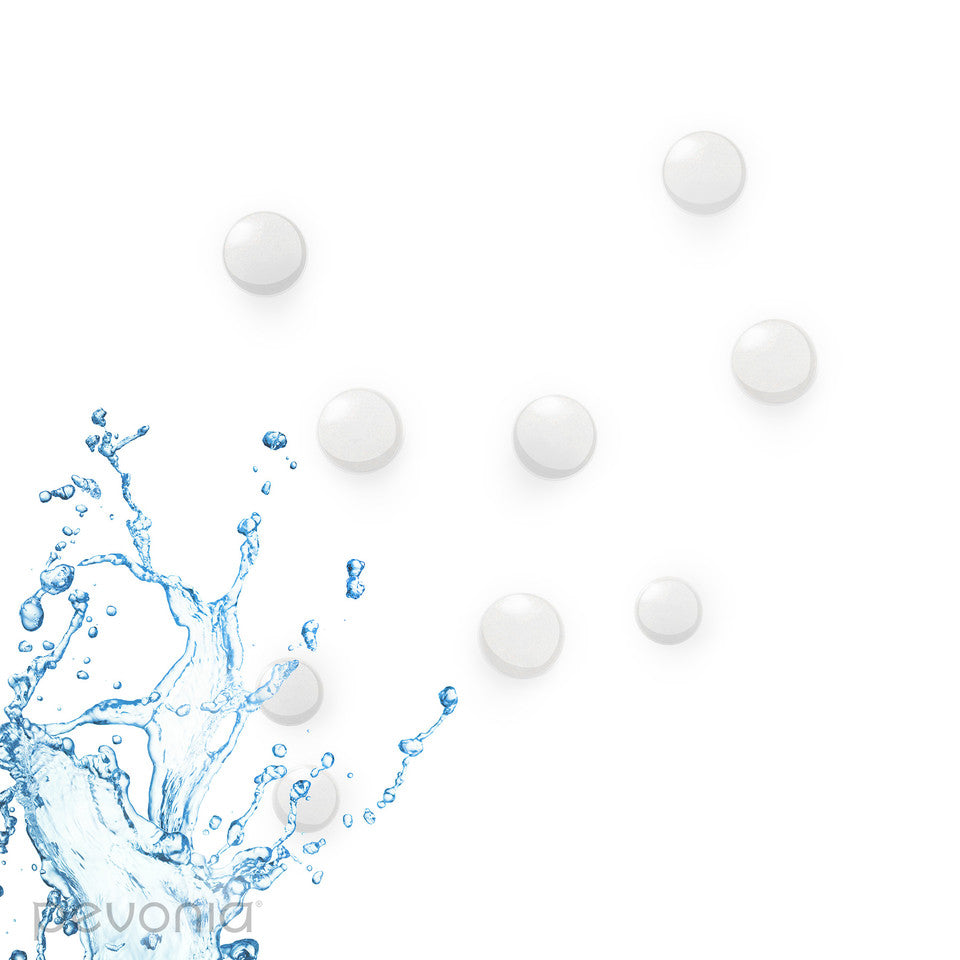 White drops of product with blue water splash on a white visualizing the Pevonia Marine Magnesium Texture and ingredients