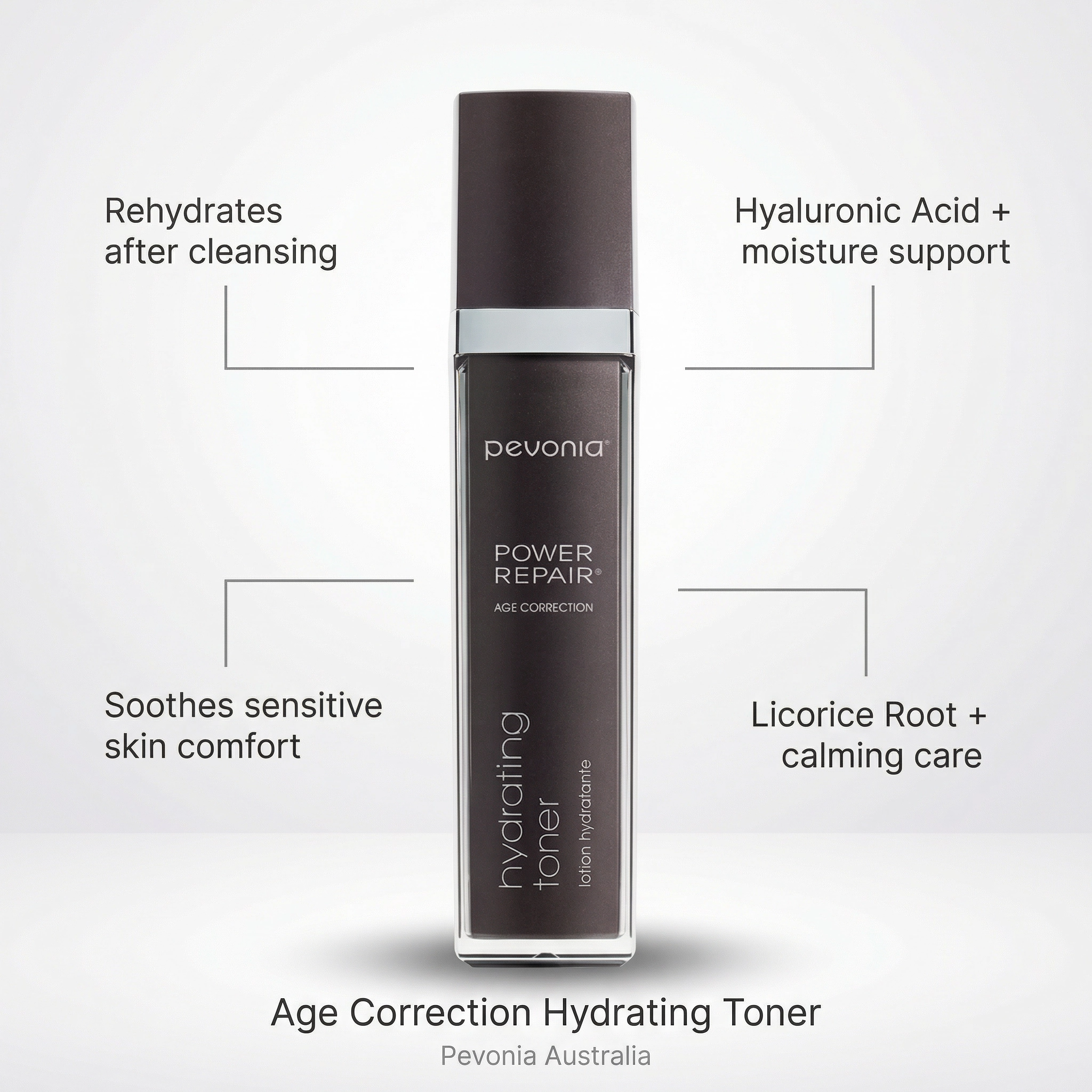 Pevonia Power Repair Age Correction Hydrating Toner bottle with connector line text of use and who it is for and ingredients on a grey background