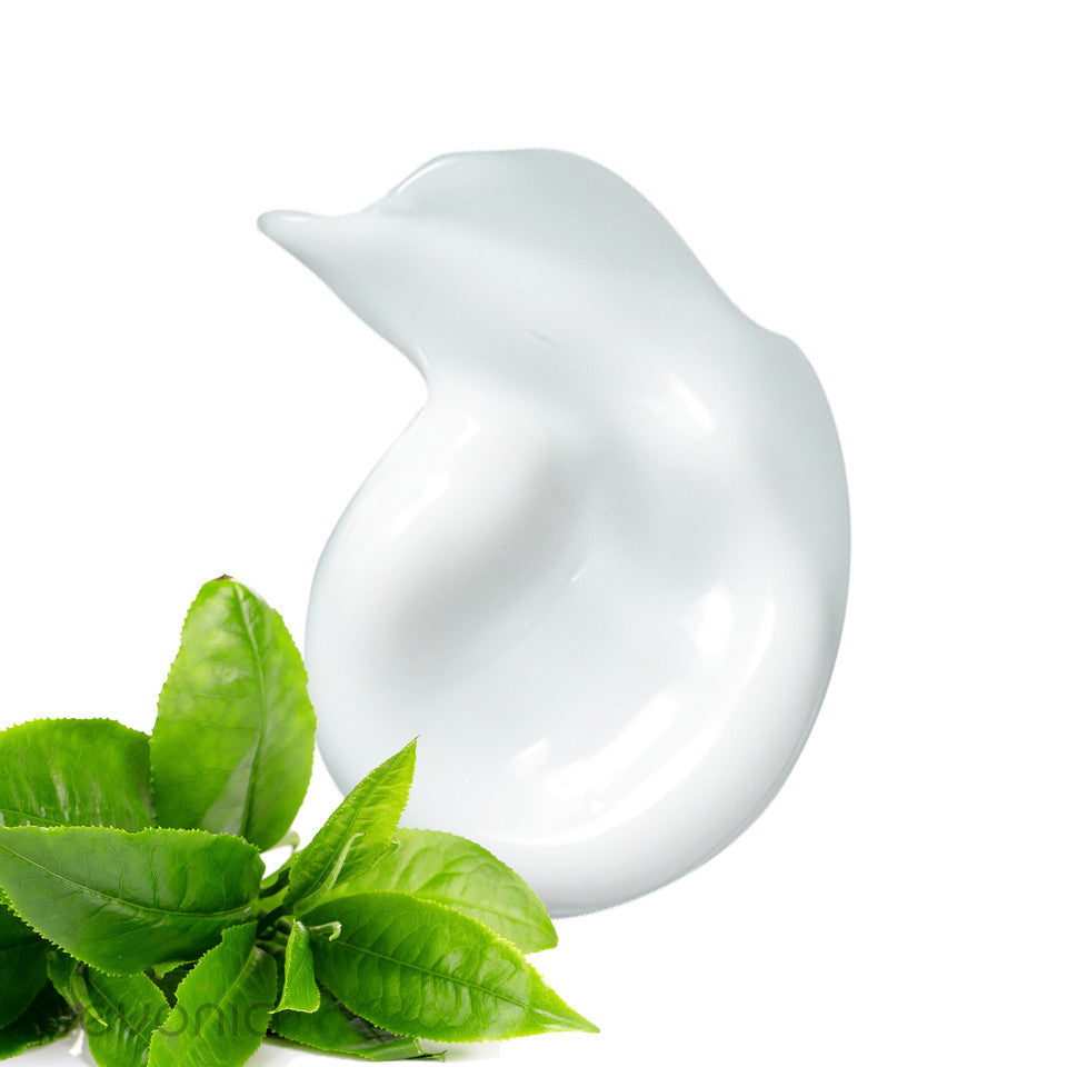 Pevonia Power Repair Eye Contour indicating white smear to show texture and plants used as ingredients jpg with text highlighting product features.