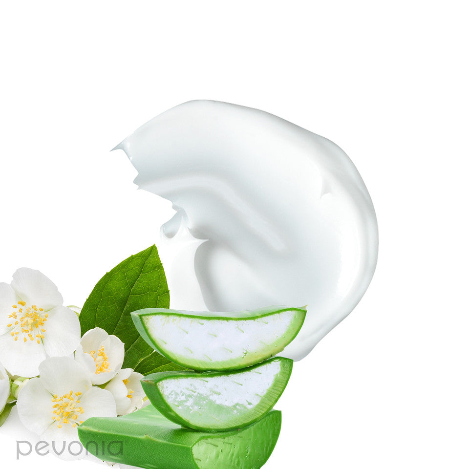 Pevonia Power Repair Firming Marine Elastin Cream indicating texture and ingredients, White cream swirl with aloe vera slices and jasmine flowers on a white background, featuring the Pevonia brand.