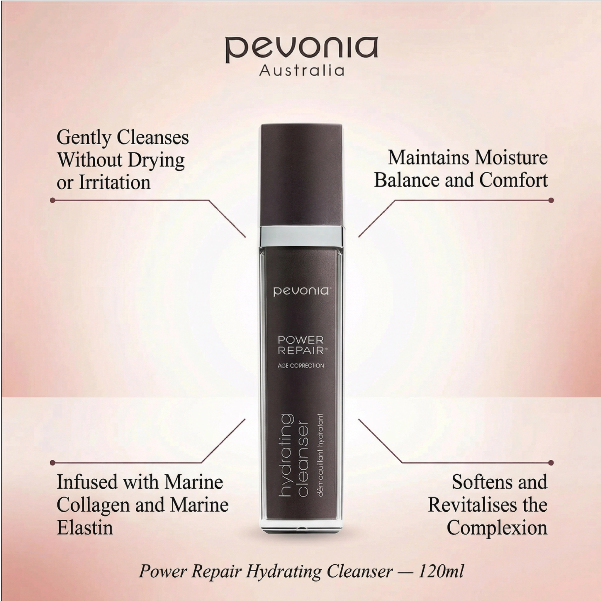 A bottle of Pevonia Power Repair-Hydrating Cleanser with a capacity of 120ml, for end consumer use and label, designed for cleansing the skin, with features labelled on a pink background