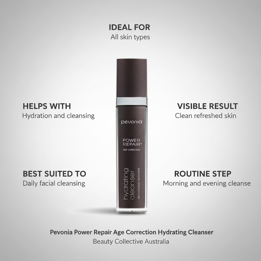 A bottle of Pevonia Power Repair-Hydrating Cleanser with a capacity of 120ml, for end consumer use and label, designed for cleansing the skin, with features labelled on a grey background 1