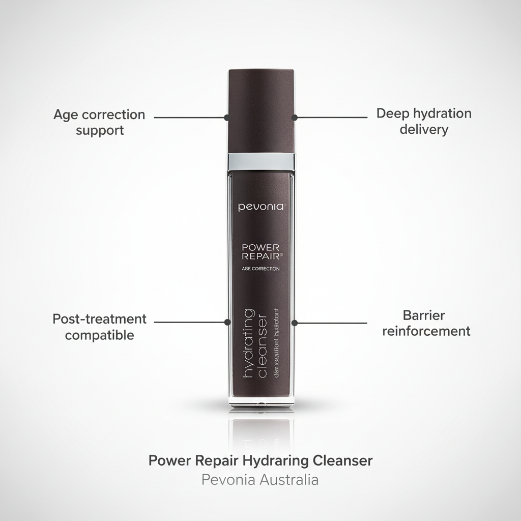 A bottle of Pevonia Power Repair-Hydrating Cleanser with a capacity of 120ml, for end consumer use and label, designed for cleansing the skin, with features labelled on a grey background