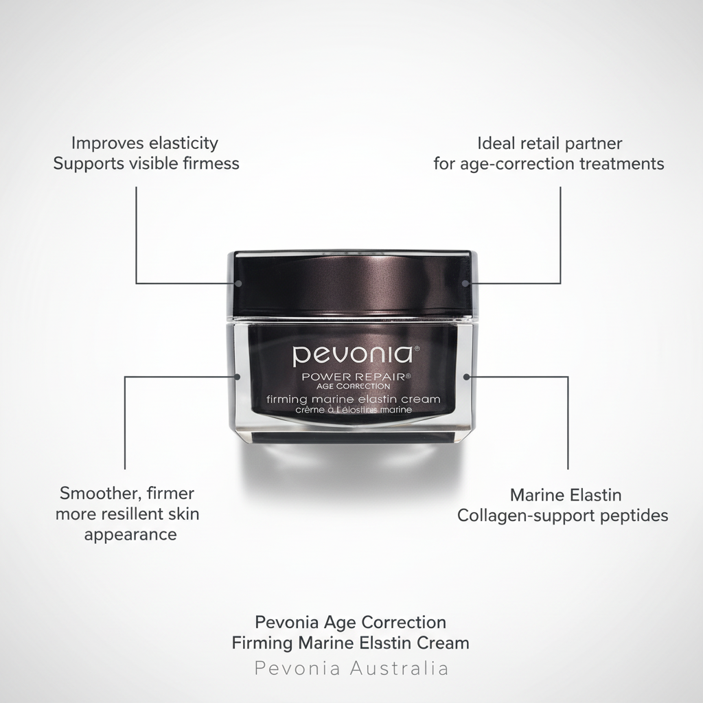 Pevonia Age Correction Firming Marine Elastin Cream jar with connector lines to text highlighting benefits on a white background