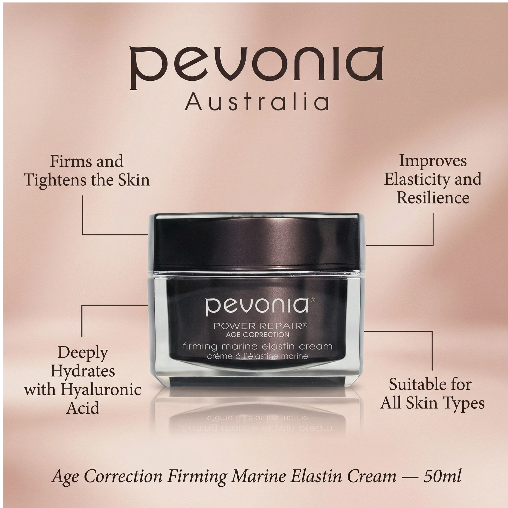 Pevonia Age Correction Firming Marine Elastin Cream jar with connector lines to text highlighting benefits on a pink background