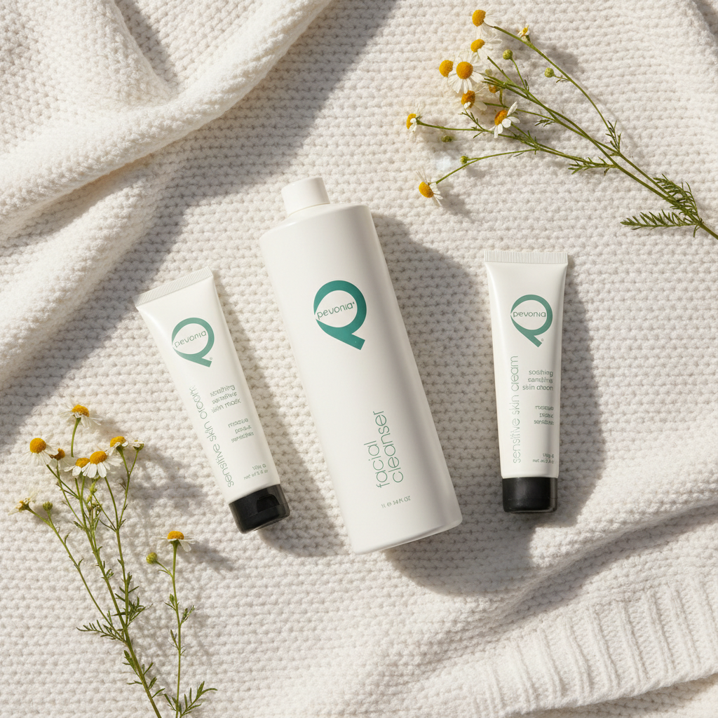 Set of Pevonia skincare products including professional sensitive cream 100g, cleanser 1L, and mask 100ml flat lay