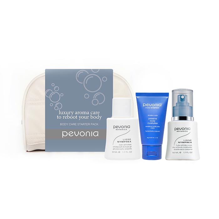 A product image featuring the Body Care Starter Pack by Pevonia, including a shower gel, dry oil body moisturizer, and preserve body moisturizer, conveniently packaged in a sleek white and blue cosmetics pouch.