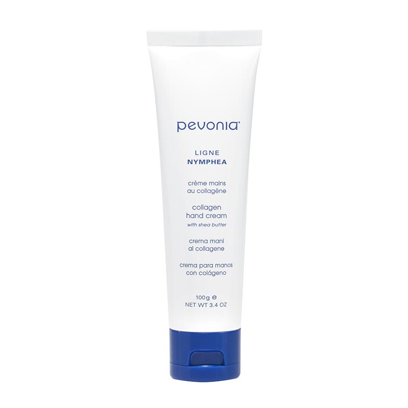 Pevonia brand collagen hand cream in a white tube with blue accents and text.