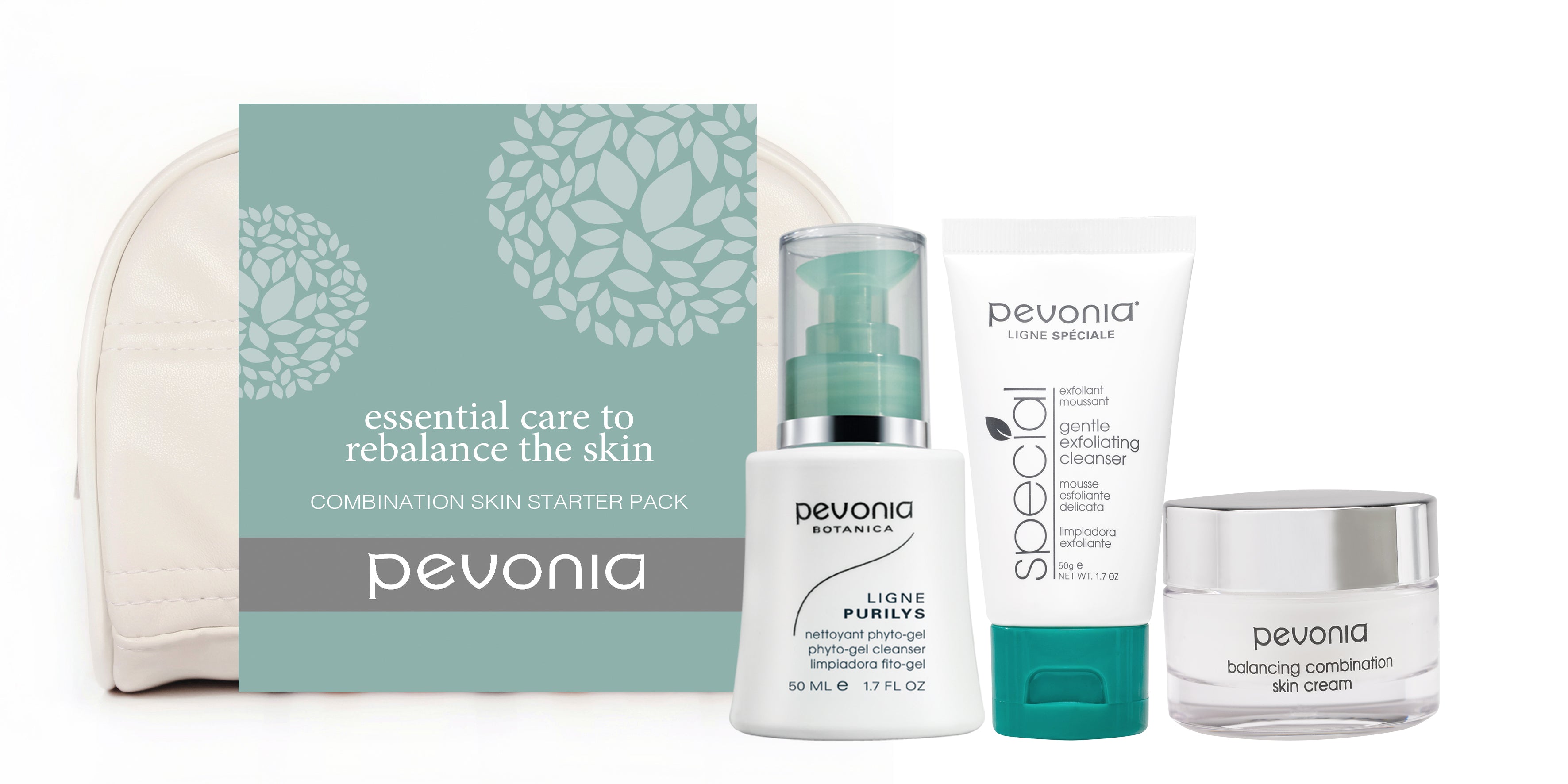Pevonia skincare starter pack with bottles and a box on a white background