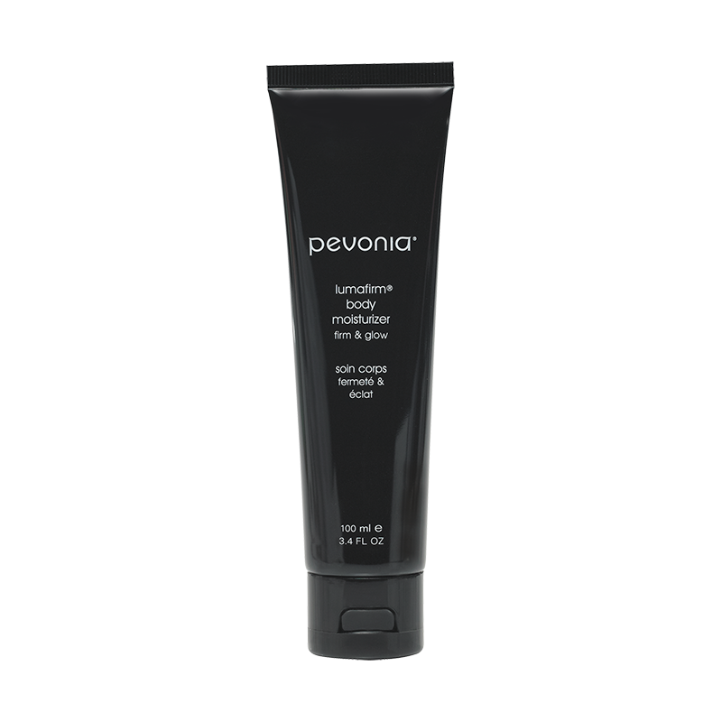 A black tube of Pevonia lumafirm Body Moisturizer with white and silver text, indicating the product name and benefits like firming, toning, and brightening.
