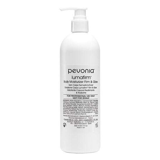 A pump bottle of Pevonia lumafirm Body Moisturizer, which is a skincare product designed to firm, tone, and brighten the skin.