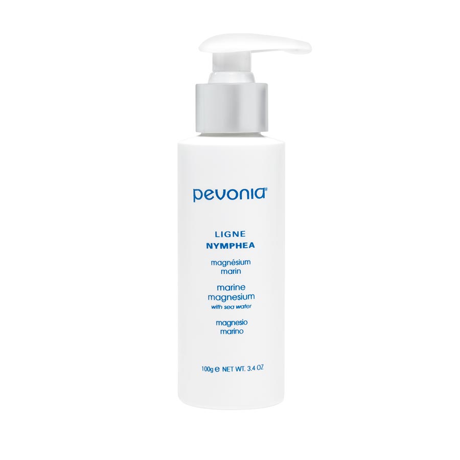A pump bottle of Pevonia Marine Magnesium gel, recommended for all skin types, with benefits such as reducing muscular tension, improving relaxation, and hydrating the skin.