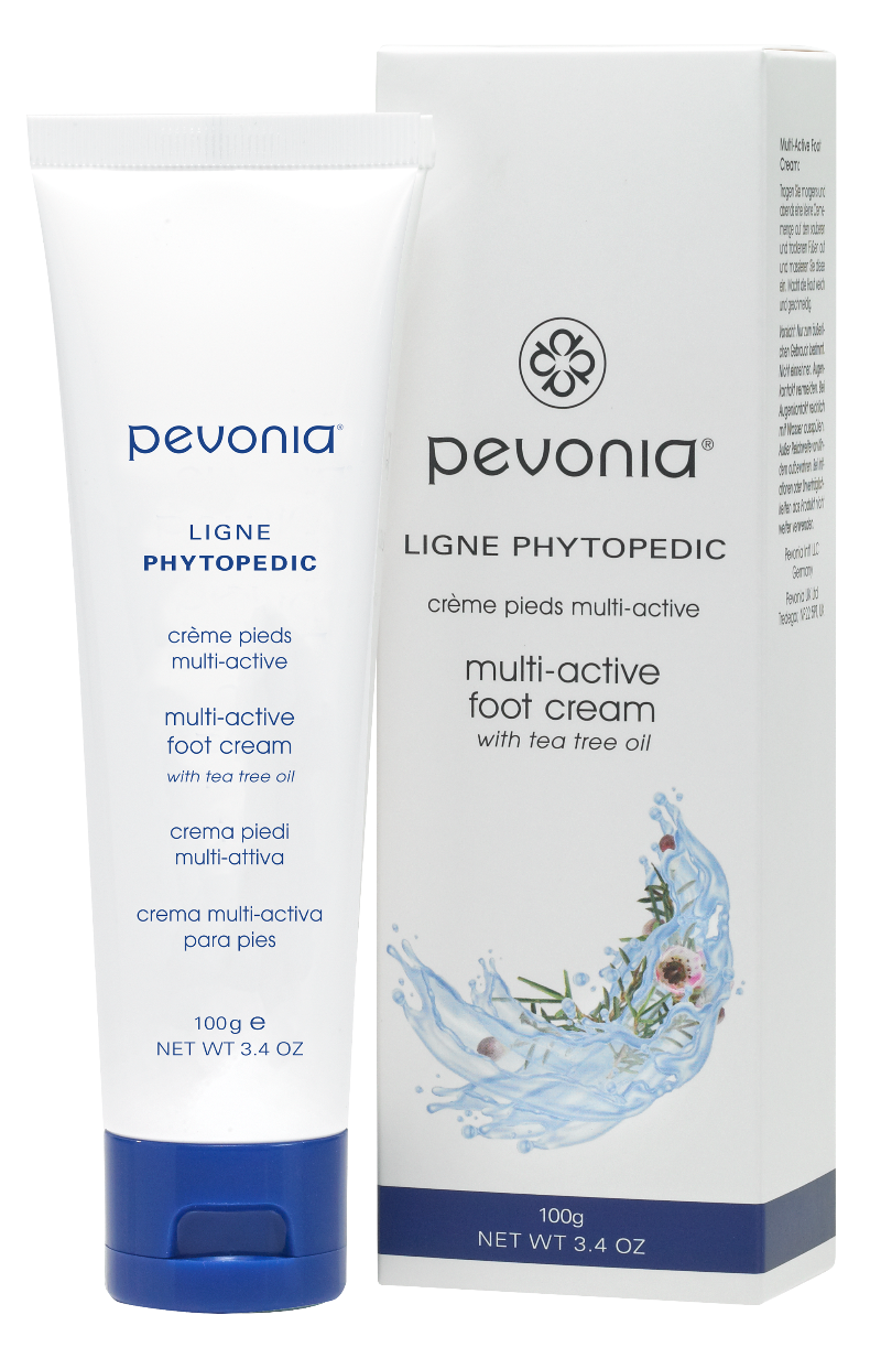Pevonia multi-active foot cream with packaging on a white background