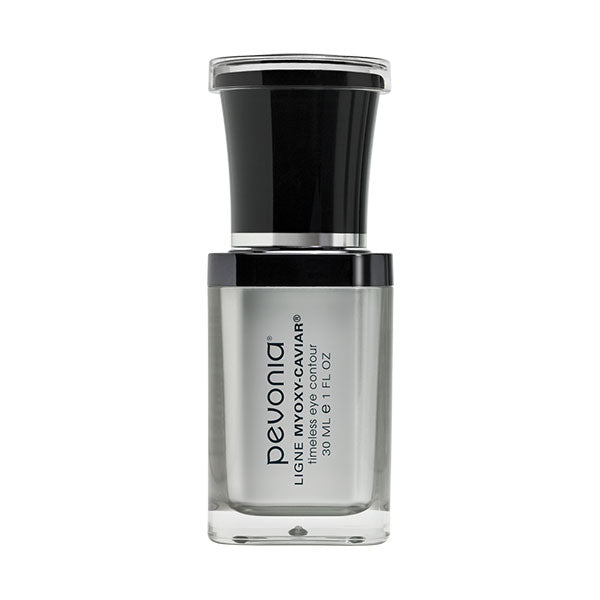 A bottle of Pevonia Timeless Eye Contour cream designed for skincare, with a clear liquid visible inside the bottle.