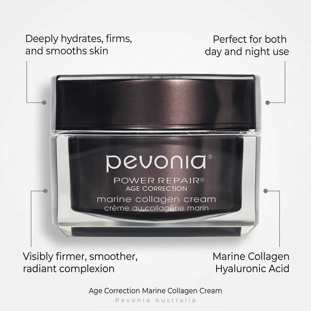 Pevonia Power Repair Age Correction Marine Collagen Cream jar with text highlighting benefits on a light gray background
