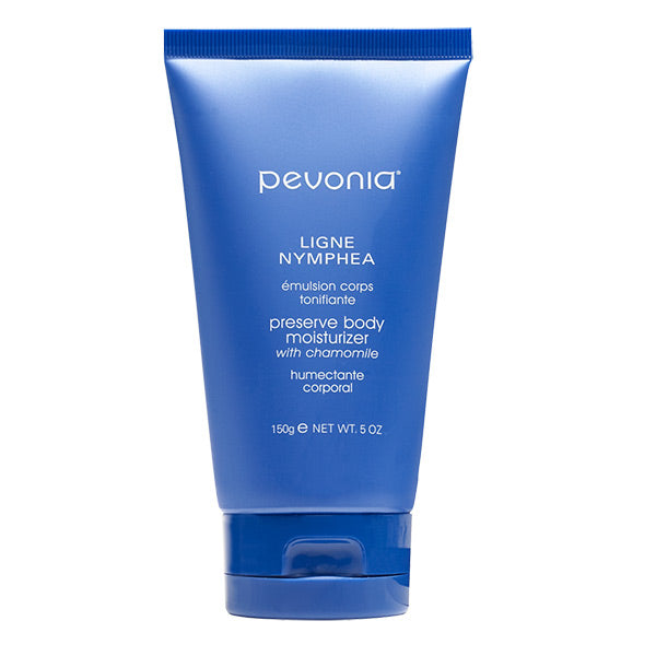 A blue tube of Pevonia Preserve Body Moisturizer with white and silver text detailing the product name and benefits.